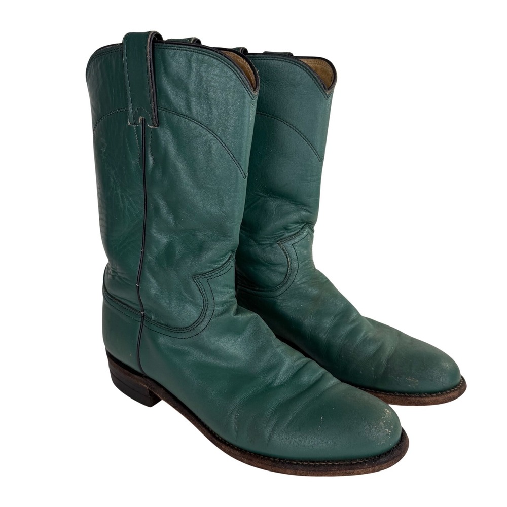 Justin Vintage Green Leather Western Cowboy Boots Made in USA Womens 7 B L3722